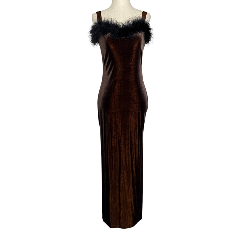 Vintage Beware Copper Velvet‎ Feather Trim Midi Slip Party Dress